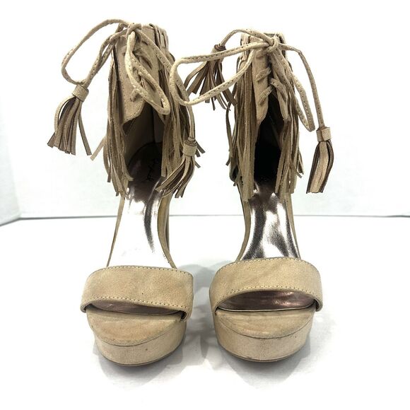 QUPID Womens Shoes Size 6 Fringe Ankle Open Toe Taupe Zip Closure Platform Heels - Picture 6 of 16